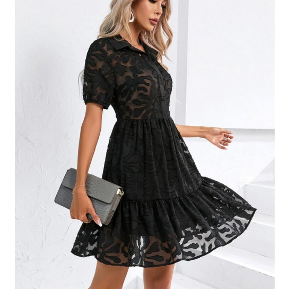 Short Puff Sleeve Ruffle Hem Lace Shirt Dress black